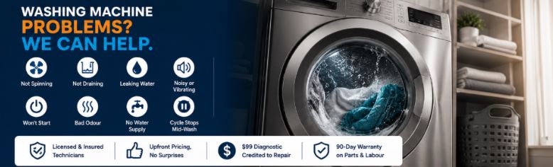 Professional washing machine repair in Barrie by Master Appliance featuring licensed washer repair technician, same-day service, and 90-day warranty.