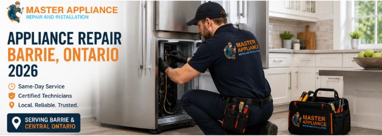 appliance-repair-barrie-2026-hero.jpg" alt="Appliance repair Barrie Ontario 2026 by Master Appliance technician repairing a refrigerator in a residential kitchen