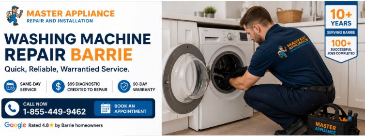 Master Appliance technician providing same-day washing machine repair service in Barrie for front-load washer problems including leaks, spinning issues, and drainage faults.