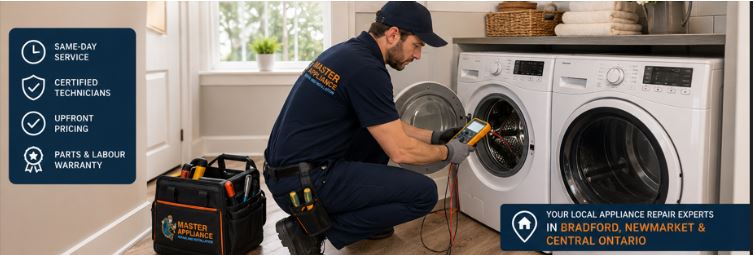 master-appliance-bradford-washer-repair-2026.jpg" alt="Master Appliance technician providing appliance repair service in Bradford Ontario 2026 repairing a washing machine and dryer