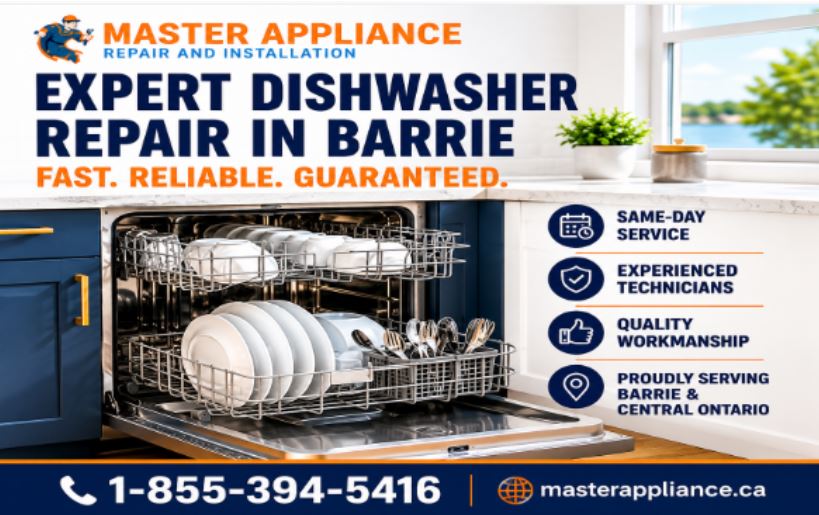 Dishwasher repair service in Barrie, Ontario by Master Appliance with same-day technician support.