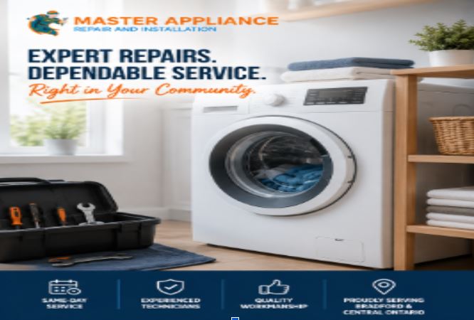Master Appliance Repair and Installation promotional graphic for washing machine repair in Bradford, Ontario. The design features the company logo, a technician cleaning a washing machine drain filter, a modern laundry room with a front-load washer, and service highlights including same-day appliance repair, experienced technicians, quality workmanship, and service across Bradford and Central Ontario.